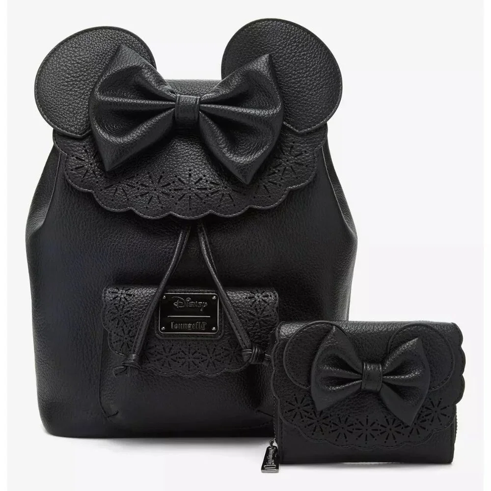 Loungefly Disney Minnie Mouse Pebble Textured Black Mini Backpack and Wallet NWT - Picture 1 of 10